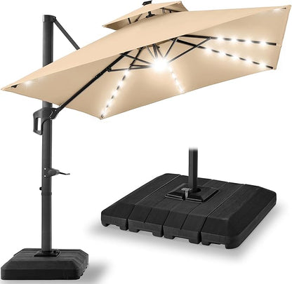 Best Choice Products 10x10ft Cantilever Patio Umbrella w/Base Included, Solar LED Lights 360 Rotation Large Offset Hanging Outdoor Shade for Deck Pool Backyard w/Stand – Sand