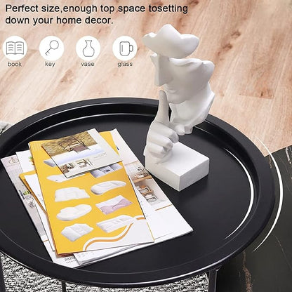 Garden 4 you End Table 2 PCS Metal Side Table Black Round Folding Tray Cyan Sofa Small Accent Fold-able Table, Round End Table Tray, Next to Sofa Table, Snack Table for Living Room and Bed Room