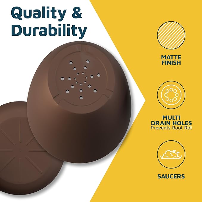 Planter Pots with Drainage Holes - Lightweight, Durable & Space-Saving Pots for Indoor and Outdoor - Versatile Functionality, Simple Modern Design, Set of 20 Plastic Planter Pots - Brown