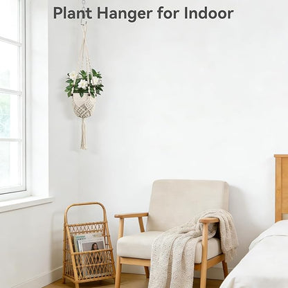 USLAI Macrame Plant Hanger Indoor Outdoor, Fits 3 to 6.5 inch Pots, Hanging Planter Holder with Beads and Tassels, Boho Home Decor, 35+35 Inch, Ivory (POTS NOT Included)