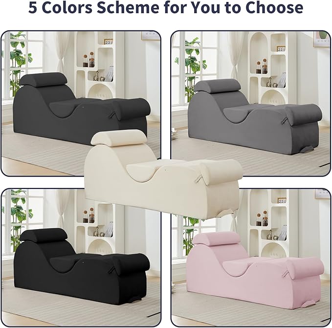 ijuicy Sleek Chaise Lounge Chair for Exercise, Indoor Lounger with Headrest, Waist Cushion, Movable Footrest, Side Pockets, Non-Slip Bottom, High Density Sponge, Dark Grey