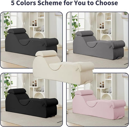 ijuicy Sleek Chaise Lounge Chair for Exercise, Indoor Lounger with Headrest, Waist Cushion, Movable Footrest, Side Pockets, Non-Slip Bottom, High Density Sponge, Dark Grey