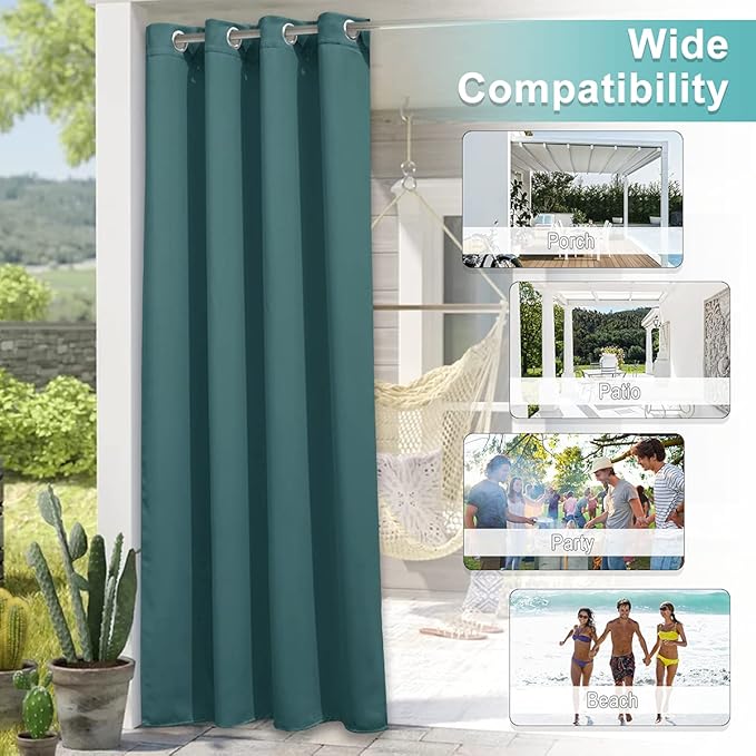 NICETOWN 2 Panels Outdoor Blackout Curtains for Patio Waterproof, Thermal Insulated Stainless Steel Rustproof Grommet Blackout Indoor Outdoor Curtains/Drapes for Arbor, Teal, W52 x L95