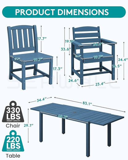SERWALL 9-Piece Outdoor Dining Set, 60" - 83" Expandable Outdoor Dining Table and 8 HDPE Chairs, All Weather HDPE Outdoor Furniture Set for Backyard, Garden, Blue