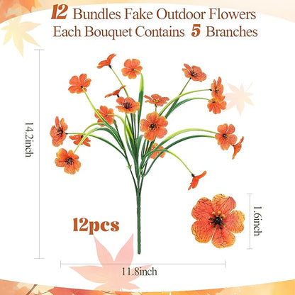 MACTING Artificial Fall Flowers for Outdoors 12 Bundles Faux Mums Plants Fake Silk Outdoor Flowers UV Resistant No Fade for Planters Front Door Porch Patio Outside Thanksgiving Autumn Decor,Orange