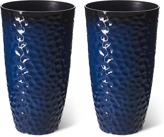Glitzhome 23.75" H Oversized Tall Planter,Modern Set of 2 Honeycomb Textured Gradient Cobalt Blue Round Garden Plant Pots with Drainage Holes Flower Containers for Indoor Outdoor,Front Porch,Patio