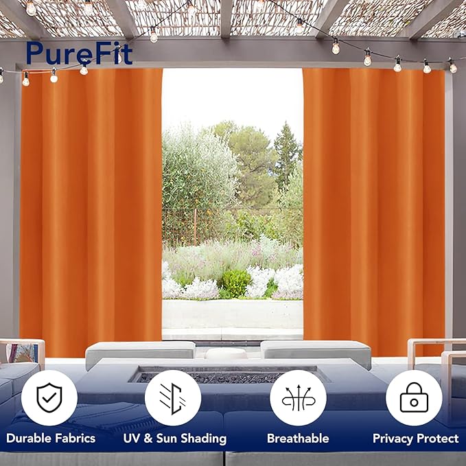 PureFit Outdoor Curtains for Patio Waterproof Weatherproof, UV Resistant Outside Curtains for Gazebo, Front Porch, Pergola, Sun Blocking Privacy Curtain, 52W x 95L inch, 1 Panel, Orange
