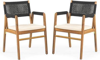 Christopher Knight Home Pasco Acacia Wood Outdoor Dining Table Set for 6, Wicker Patio Dining Set with Acacia Wood Table and Bench, Patio Table and Chair Set with Cushion+Rope Backrest,Black+Teak+Grey
