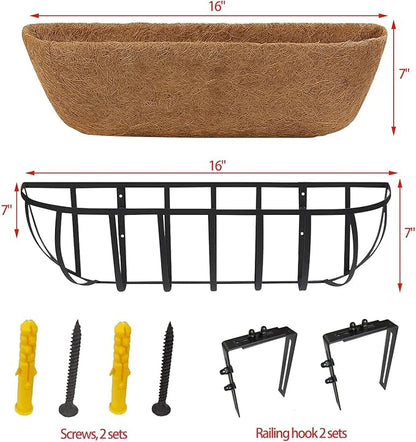 4 Pack 16" Railing Planter Window Box with Coco Fiber Liner Horse Trough Planter The Railing Planters Boxes for Deck Porch Fence Outdoor