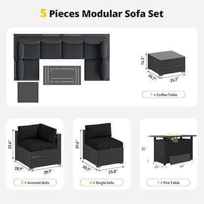 Aoxun Patio Furniture Set with Fire Pit Table, 8 Piece Outdoor Sectional Sofas, Wicker Rattan Outdoor Furniture with Thickened Cushion for Backyard, Garden Black