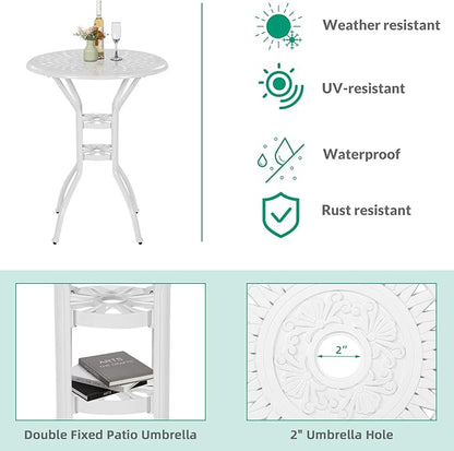 VIVIJASON 3-Piece Patio Swivel Bar Stools Set, All Weather Cast Aluminum Outdoor Bar Height Bistro Set with 2 Cushioned Bar Chairs & 31" High Bar Table w/Umbrella Hole for Backyard, Lawn, White