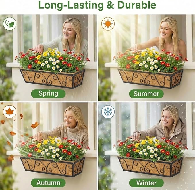 Y&M 24 Inch Window Deck with Coco Liner, Fence Metal Hanging Flower Planter Window Basket Deck Railing Planter Boxes for Outdoor Garden Lawn-Butterfly,6pcs