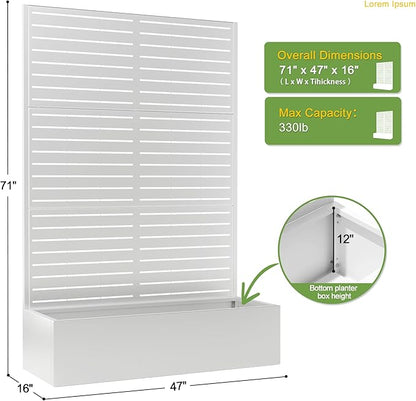 FENCY Metal Raised Garden Bed with Trellis, Metal Planter Box with Trellis, Garden Box for Climbing Plants Vegetable, 47" Lx16 Wx71 H Garden Bed with Drainage Holes(White-Louvered)