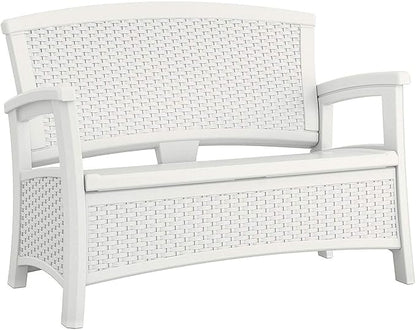 Suncast Elements Stylish Lightweight Loveseat Outdoor Seating with Convenient Built In Universal Storage, and All Weather Plastic, White