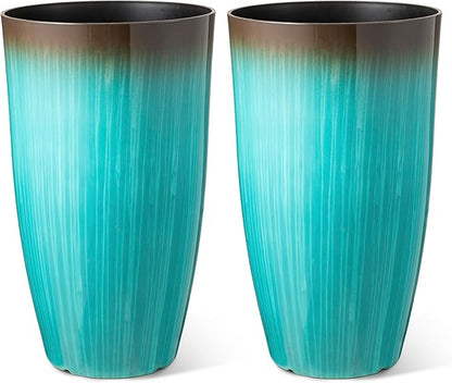 Glitzhome 23.5" H Tall Outdoor Planter, Set of 2 Large Tall Planters with Gradient Turquoise Faux Ceramic Finish, Large Flower Pots for Porch Garden Patio Indoor All Season Decor,with Drainage Holes