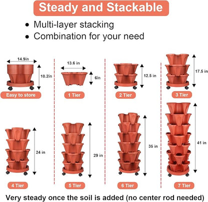 GameXcel Vertical Planter 7 Tier Stackable Planters Garden Planters Strawberry Herb Flower and Vegetable Planter Indoor Outdoor Gardening Pots with Removable Wheels and Tools - Red