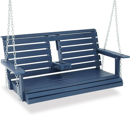 Poly Lumber 2-Seat Porch Swing, HIPS 4.5-Feet Bench Swing with Foldable Cup Holders,18/8 Stainless Steel Hardware, High Backrest and Deep Contoured Seat (Navy Blue, 4.5-feet)
