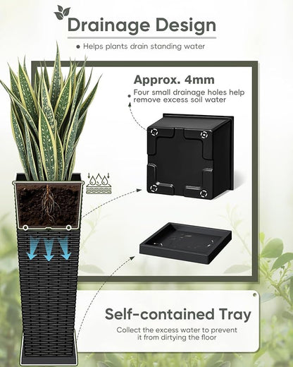 Greesum Set of 2 Tall Plastic Planters with Saucer, 24 Inch Large Pots with Drainage Trays, Weather-Resistant Plastic Plant Containers for Patio, Porch, Garden,Black