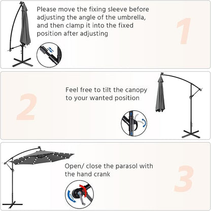 Yaheetech 10FT Solar Offset Umbrella with 32 LED Lights Cantilever Hanging Outdoor Umbrellas Handy Crank & Cross Base for Lawn/Deck/Backyard/Pool Gray