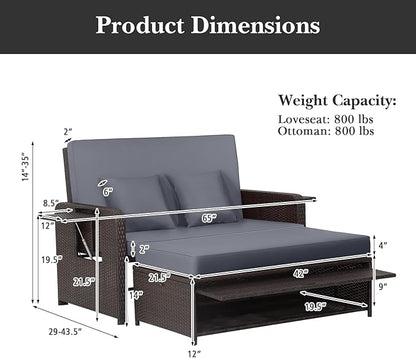 Tangkula Patio Rattan Daybed with 4-Level Adjustable Backrest, Outdoor PE Wicker Loveseat with Storage Ottoman & Folding Side Tray, Double Sunbed Lounger for Balcony, Backyard & Poolside, Grey & Brown