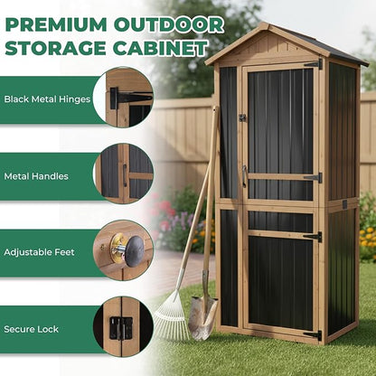 Large Outdoor Storage Cabinet with 4 Shelves, Wood Outdoor Storage Shed with Weatherproof Roof, Lockable Doors, Tall Outdoor Patio Cabinets for Garden Tool and Accessories, Brown