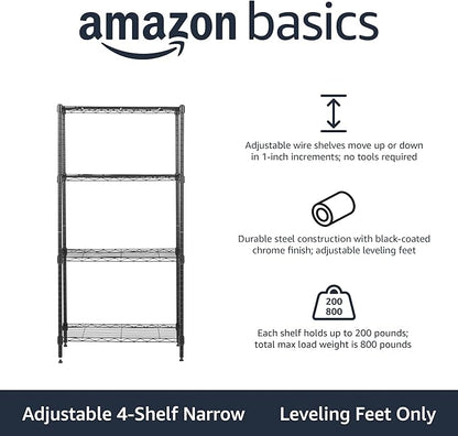Amazon Basics 4-Shelf Steel Wire Storage Shelves for Garage, Adjustable Metal Shelving Unit, 200 lbs Per Shelf, 23.2" W x 48" H x 13.4" D, Black | Sturdy, Adjustable, Easy Assembly, Storage
