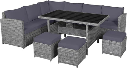Tangkula 7 Pieces Patio Furniture Set, Outdoor Sectional Rattan Dining Sofa Set with Cushions, All Weather Wicker Conversation Couch Set with Dining Table & Ottomans for Yard Garden Poolside, Grey