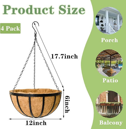 Black Flat Iron Metal Hanging Planter Basket with Coco Coir Liner(4 Pack, 12 Inch) Hanging Planters for Outdoor Plants Round Plant Flower Pots Hanging Flower Basket for Outdoor Patio Garden Decoration