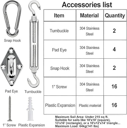YOFIT 40 Pcs Shade Sail Hardware Kit, 6 Inch Outdoor Sun Sail Accessories, 304 Stainless Steel Turnbuckles & Brackets for Triangle/Rectangle Sails, Patio Canopy Installation Hardware Set Waterproof