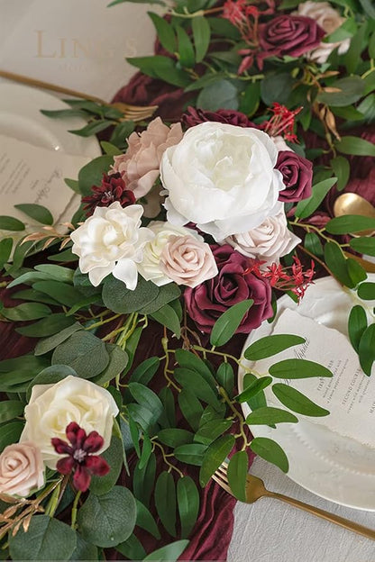 Artificial Floral Garland, 6 Ft Eucalyptus with Marsala and Blush Roses