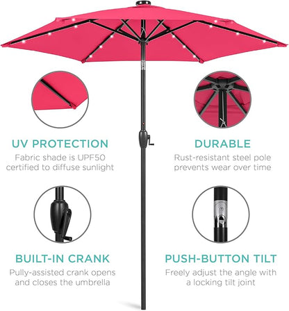 Best Choice Products 7.5ft Outdoor Solar Market Table Patio Umbrella for Deck, Pool w/Tilt, Crank, LED Lights - Hot Pink