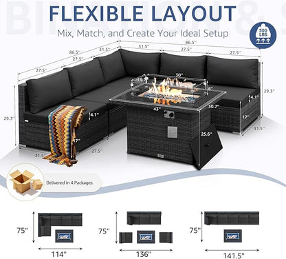 NICESOUL 6 Piece Outdoor Patio Furniture Set with Fireplace Table Natural Gas & Propane, 29.3'' High-Back L Shaped Sectional Sofa Set, Large Deep Seated Modern Conversation Couch for Tall People, Gray