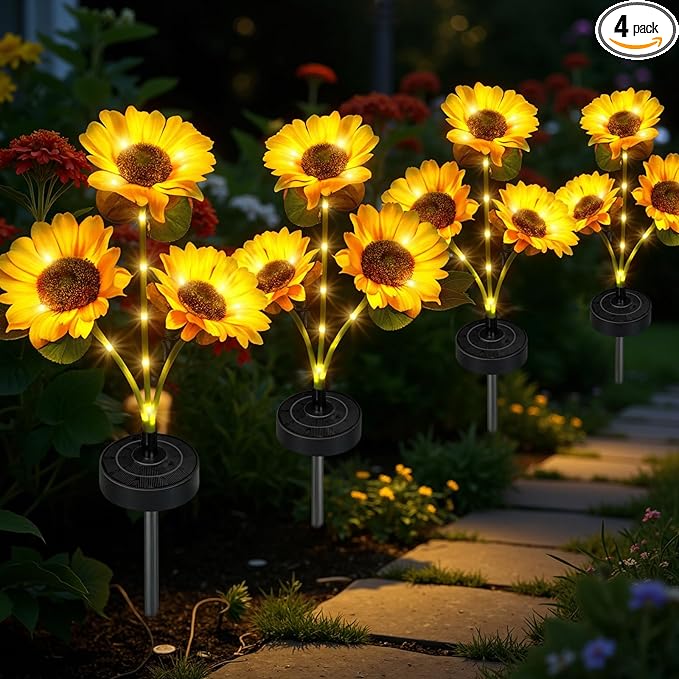 Upgraded Solar Sunflower Lights, 4-Pack Solar Garden Lights with Bigger Round Panel, 40-Hour Runtime for Indoor & Outdoor Decor, Waterproof for Patio Yard Garden