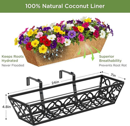 Y&M 6pcs 24 Inch Window Deck with Coco Liner, Fence Metal Hanging Flower Planter Window Basket Deck Railing Planter Boxes for Outdoor Garden Lawn