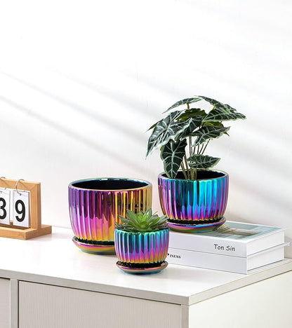Ton Sin Flower Pots, Purple Ceramic Plant Pots Set of 3,Small Glazed Succulent Pots with Drainage Hole,Cactus Planter with Saucer,Outdoor Garden Pots (Colorful Gold)