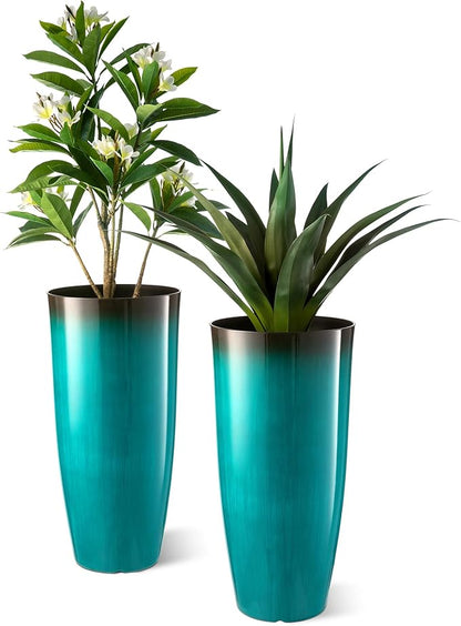 Glitzhome 30" H Tall Outdoor Planter, Set of 2 Large Tall Planters with Gradient Turquoise Faux Ceramic Finish, Plastic Large Flower Pots for Porch Garden Indoor All Season Decor,with Drainage Holes