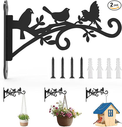 Metal Hanging Plant Bracket with Birdie Pattern 2 Pack – Heavy Duty Plant Hooks for Hanging Flower Baskets，Plants, Bird Feeder, Wind Chime - Indoor/Outdoor Use，Black Matte Texture (12 in)