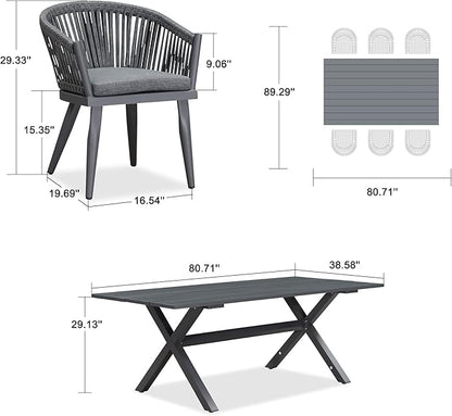 PURPLE LEAF 7 Pieces Longer Outdoor Dining Set with Patio Aluminium Dining Table and Wicker Chairs Modern Furniture Cushions Sets for Backyard Indoor Decor Kitchen Gray