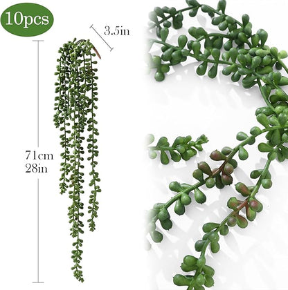 10 Pcs Artificial Succulents Hanging Plants, Fake String of Pearls Greenery Plants, Decoration for Wall Home Backdrop Garden Windows Balcony Indoor and Outdoor (10PCS Green)