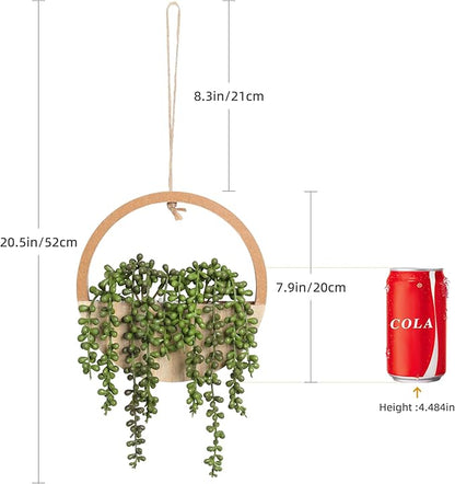 Floweroyal 2pcs Artificial Succulents Hanging Plants 12.2'' Fake String of Pearls in Pot with 8.3'' Lanyard for Indoor Outdoor Wall Decor（Wood Color）.