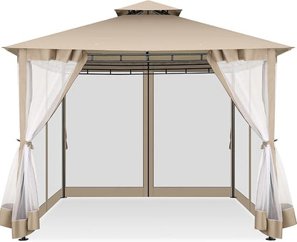COBIZI Gazebo 10x10 Heavy Duty Gazebos with Improved Nettings Outdoor Gazebo Double Roof Patio Gazebos with Metal Steel Frame Outdoor Canopy for Patio, Deck, Backyard (Khaki)