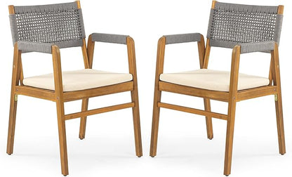 Christopher Knight Home Pasco Acacia Wood Outdoor Dining Table Set for 6, Wicker Patio Dining Set with Acacia Wood Table and Bench, Patio Table and Chair Set with Cushion+Rope Backrest, Teak+Grey
