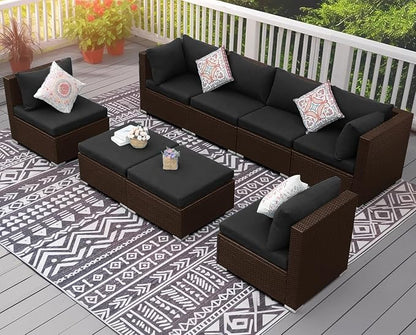 NICESOUL 8 Seater Modern Backyard Furniture Set, 29.3'' High Back Luxury Comfy Brown Wicker Patio Conversation Set with Ottoman, Deep and Wide Sofa Sectional for Exteriors, Dark Brown & Grey