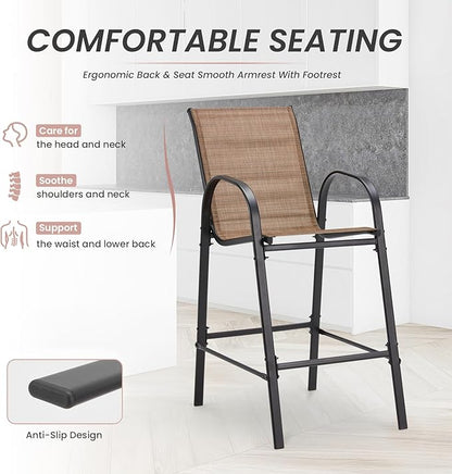 HOMREST Outdoor Bar Height Stools Set of 4,High Back Patio Chairs with Armrests,Textilene Chairs with Breathable Fabric & Metal Frame for All Weather,Brown