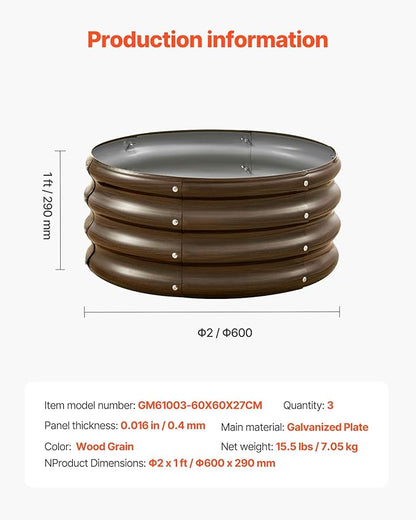 VEVOR 3 Pcs 2x2x1ft Round Galvanized Raised Garden Bed Kit, Outdoor Metal Raised Beds for Gardening Vegetables, Easy Assembly Garden Planter Box for Flowers Fruits with Open Base
