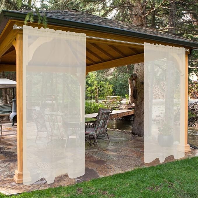 SpaceDresser Waterproof Outdoor Sheer Curtains for Patio - 2 Panels Rod Pocket Indoor Voile Sheer Curtain for Living Room,52W x 96L inch, Ivory
