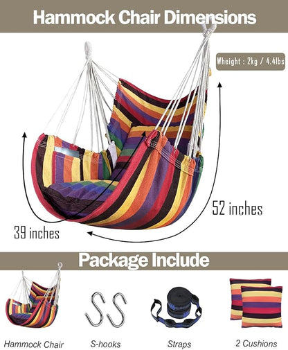 Halalona Hammock Chair Hanging Hammock Chair Rope Swing 2 Cushions Included-Sturdy & Durable Soft Cotton Hand Woven Hammock Swing for Bedroom, Porch, Patio-Indoor/Outdoor