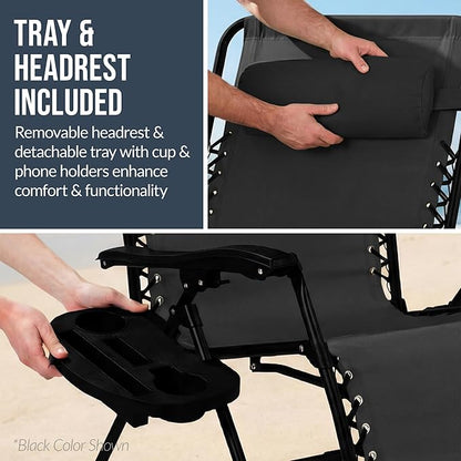 Best Choice Products Set of 2 Extra Wide Adjustable Steel Mesh Zero Gravity Lounge Chair Recliners w/Pillows and Cup Holder Trays - Black Stripes