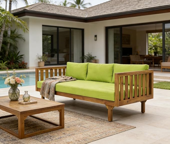 Merax Solid Acacia Wood Couch Chaise Lounge Chair Indoor, 3 Seater Daybed Sofa Couches with Cushions & Pillow, Heavy Frame Day Bed for Living Room, Office, Outdoor, Balcony, Patio, Water Resistant