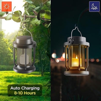 Solar Lantern Outdoor & Indoor Use – Hanging Solar Lights with Realistic Flickering Flameless Candle, Weatherproof for Gardens, Patios, Trees, and Lawns (Black + Gray, 1 Pack)